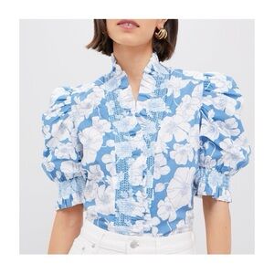 English Factory Blue Floral Ruffle Neck Aria Blouse